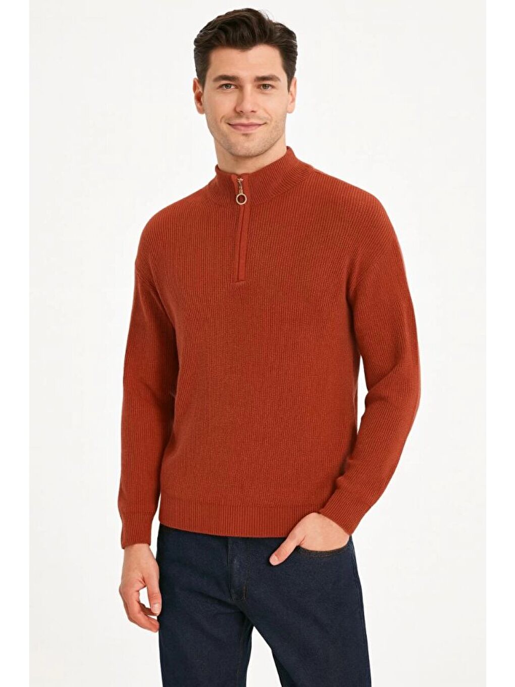 Kahverengi Erkek Yarım Fermuarlı Triko Kazak-1