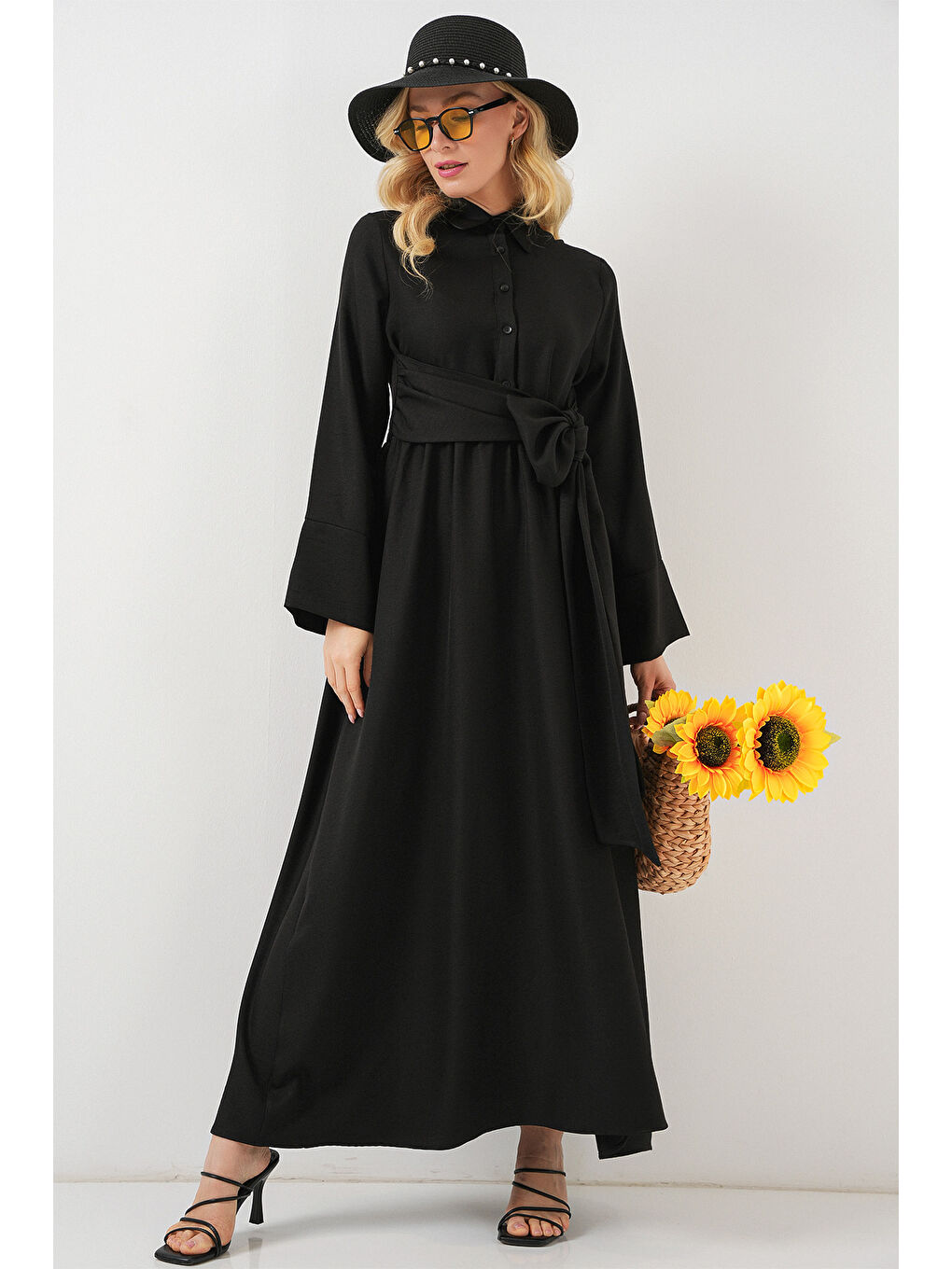Kadın Önü Bağlamalı Keten Elbise 2574 - Siyah