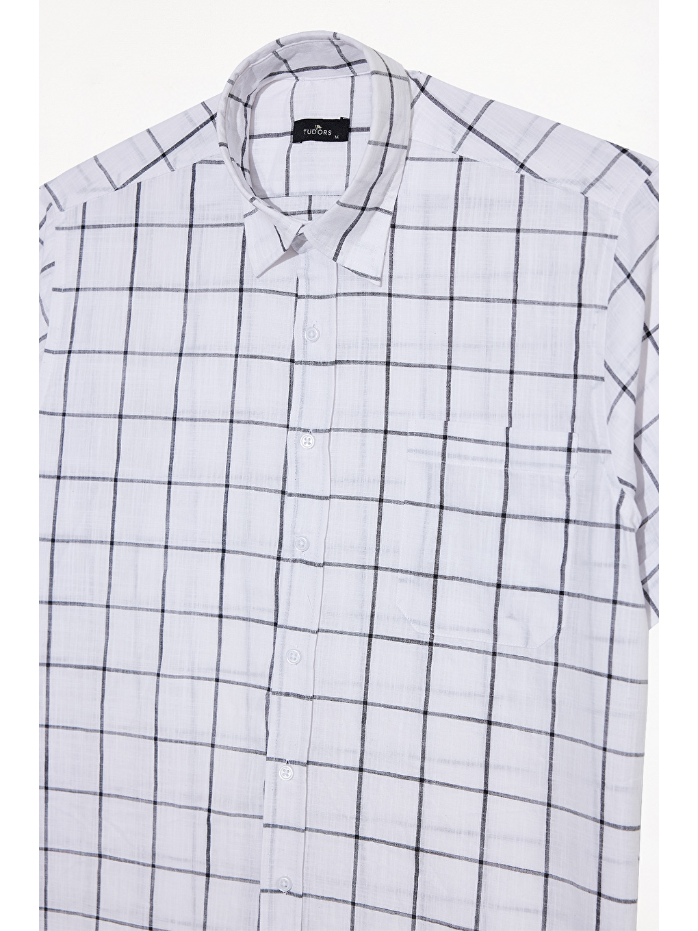 Beyaz Erkek Regular Fit Klasik Kesim %100 Pamuk Kısa Kollu Kareli Keten Efektli Cepli Gömlek-1