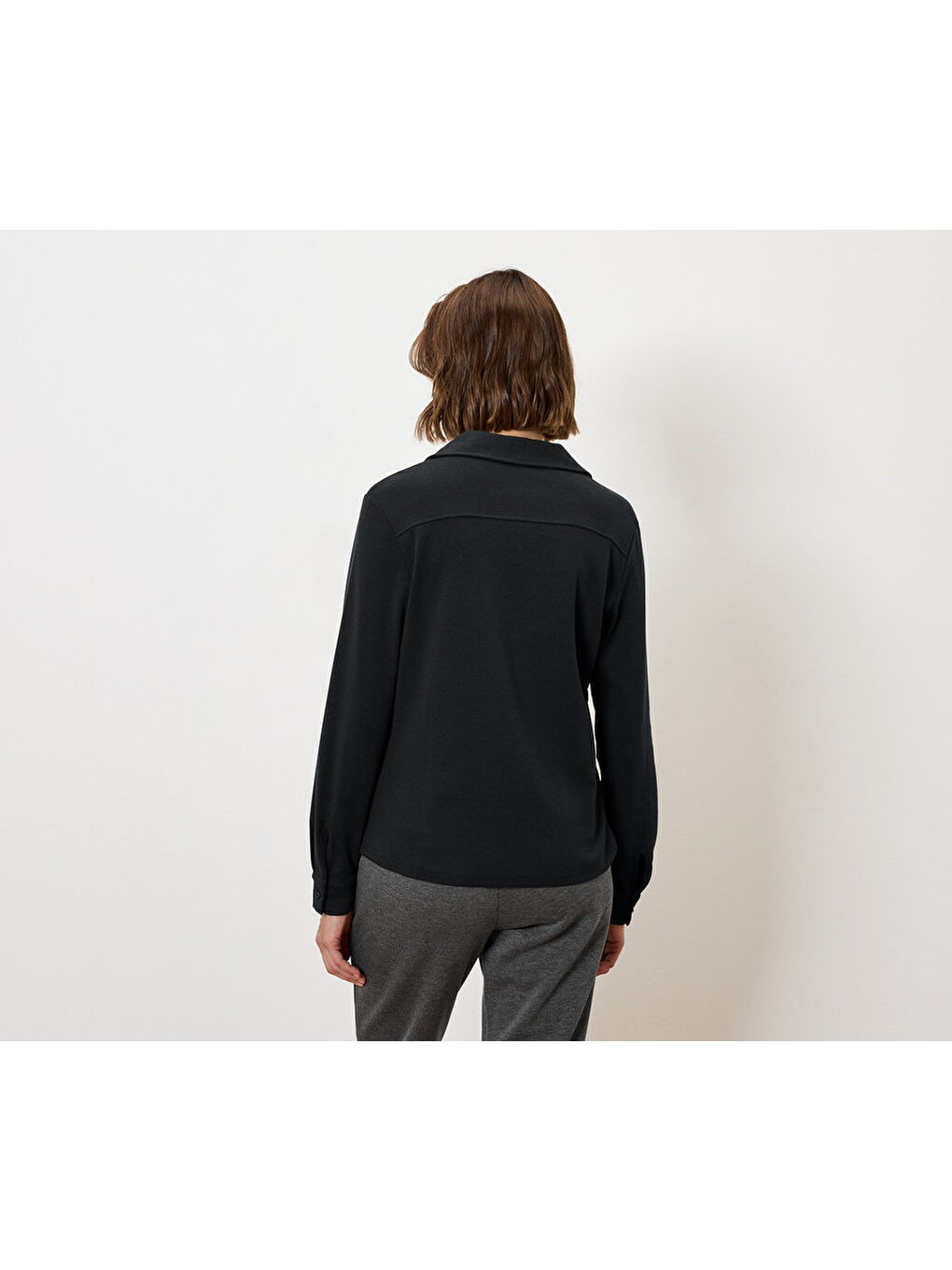 Kadın Bluz, Uzun Kol, Düğmeli, Siyah-1