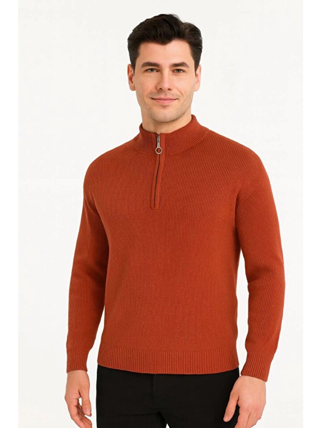 Kahverengi Erkek Yarım Fermuarlı Triko Kazak-2