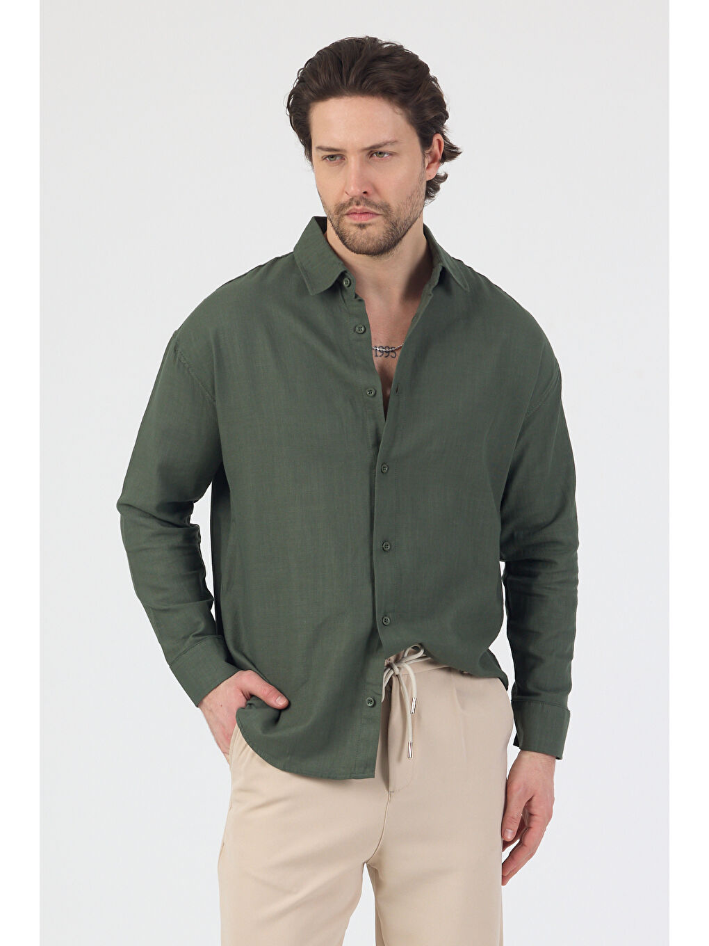Erkek Pamuklu Keten Görünümlü Gömlek Haki-7