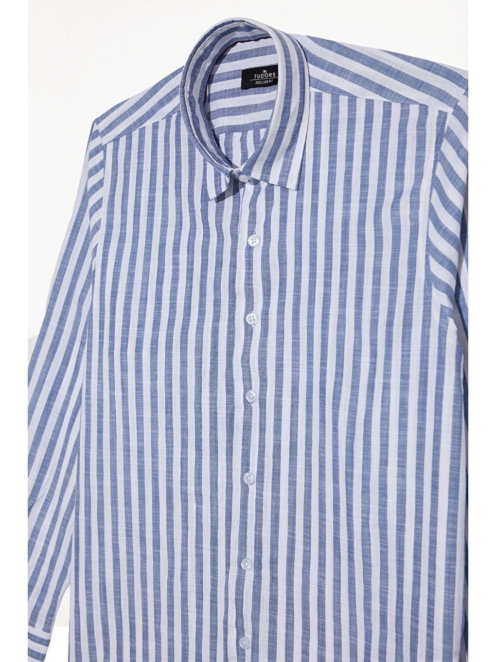 Erkek Regular Fit Klasik Kesim %100 Pamuk Çizgili Keten Efektli Lacivert Gömlek-1