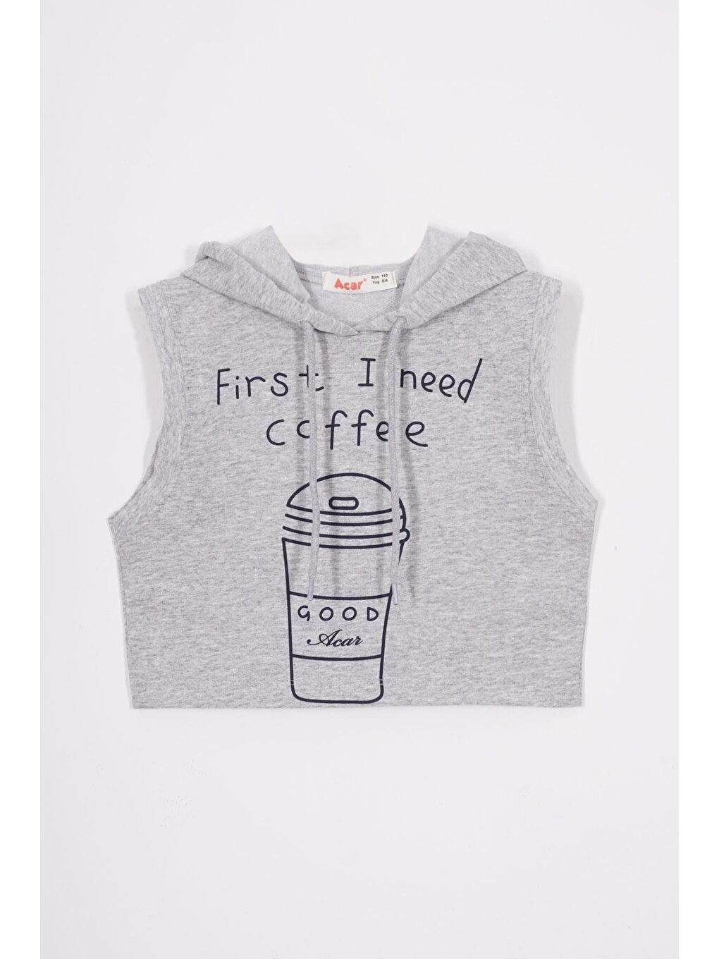 Kapüşonlu Sıfır Kol Coffee Baskılı Gri Melanj Renk Kız Çocuk Sweatshirt