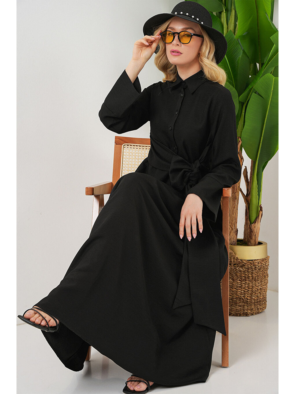 Kadın Önü Bağlamalı Keten Elbise 2574 - Siyah-2