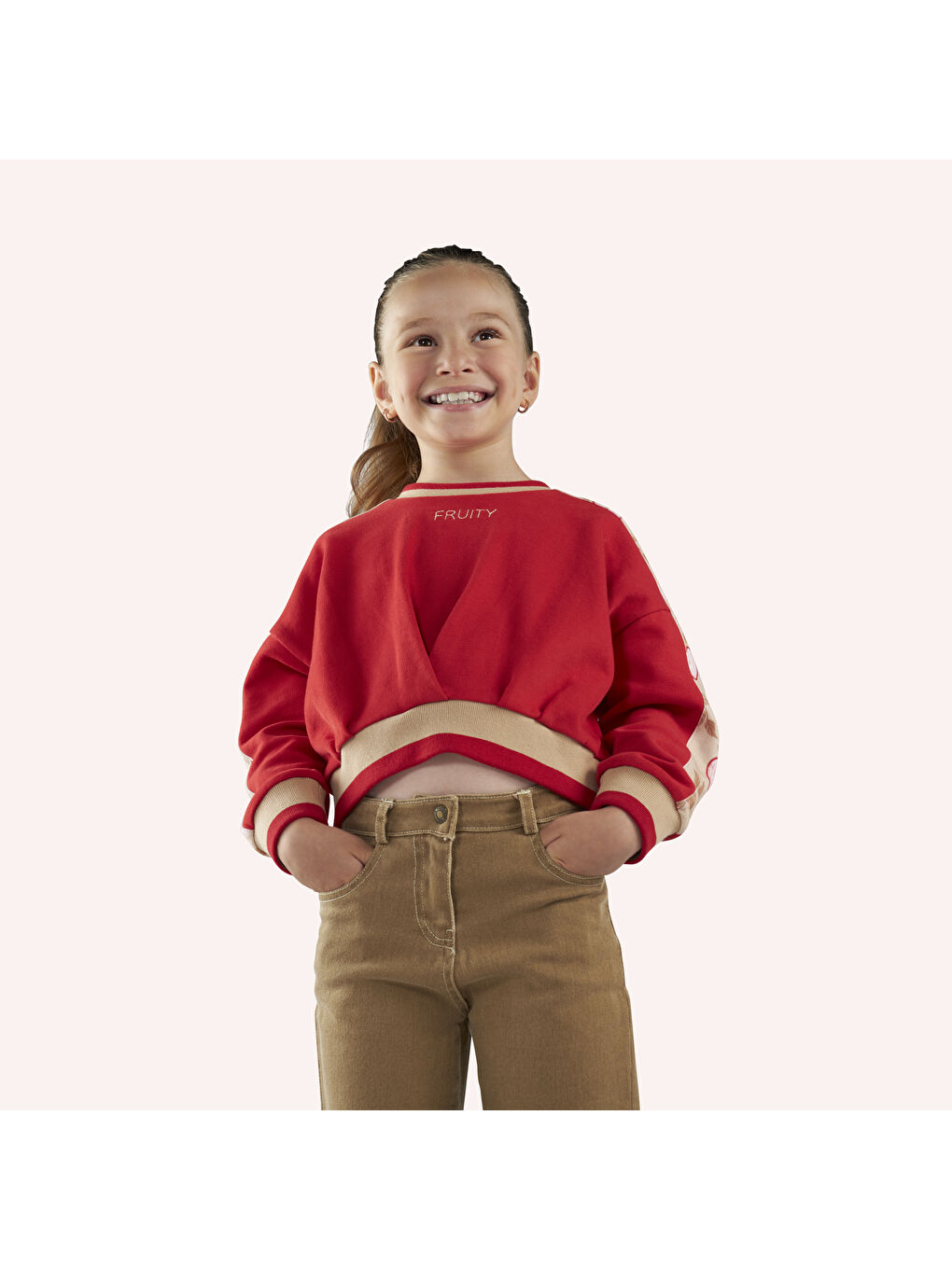 Panço Kirmizi Kız Çocuk Kolları Parça Detaylı Sweatshirt