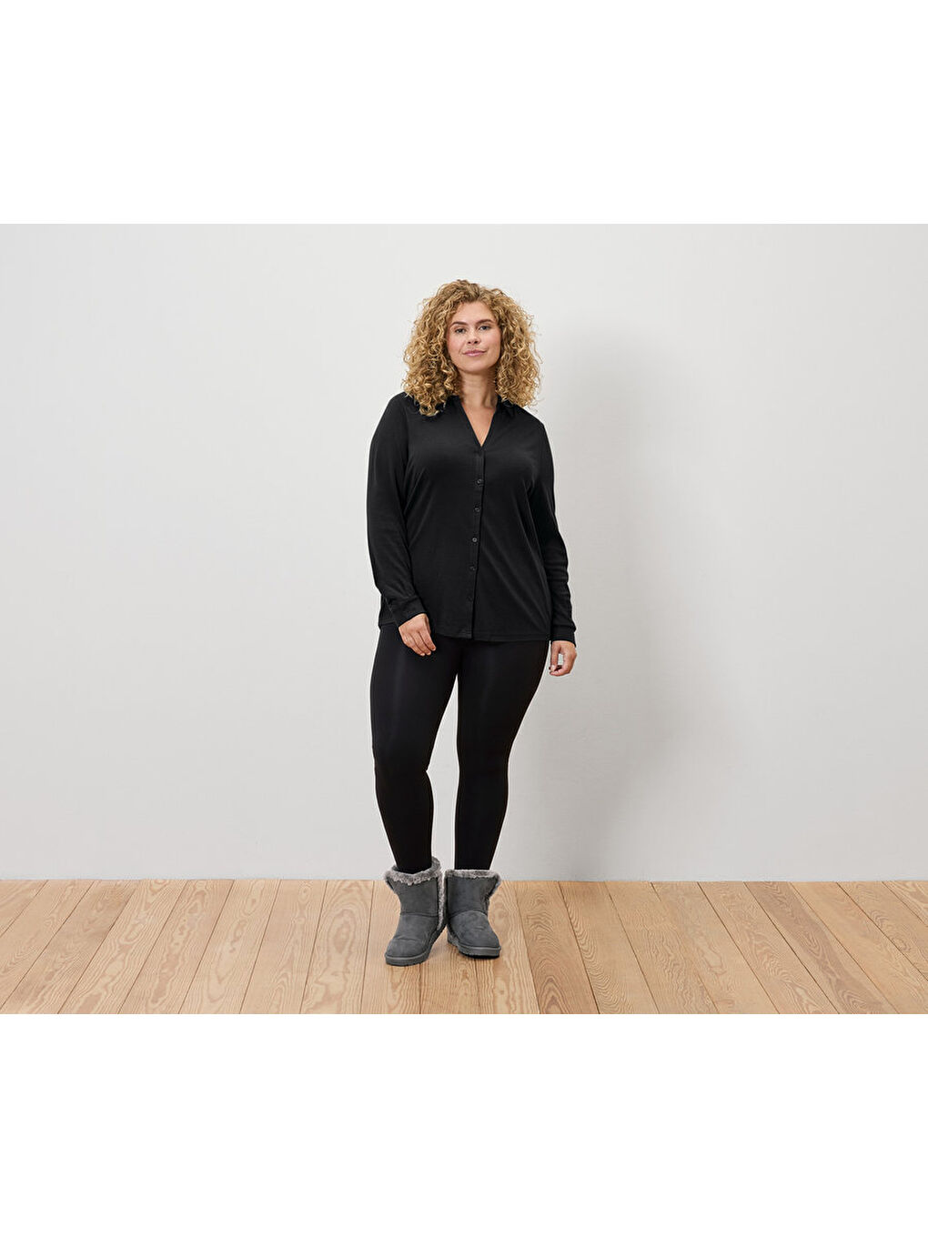 Kadın Bluz, Uzun Kol, Düğmeli, Siyah-3