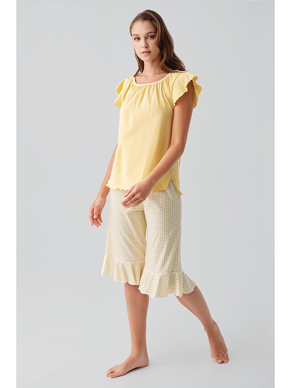 Sarı Kısa Kollu Pötikare Desenli Esnek Pamuklu Pijama Takım 19200-1