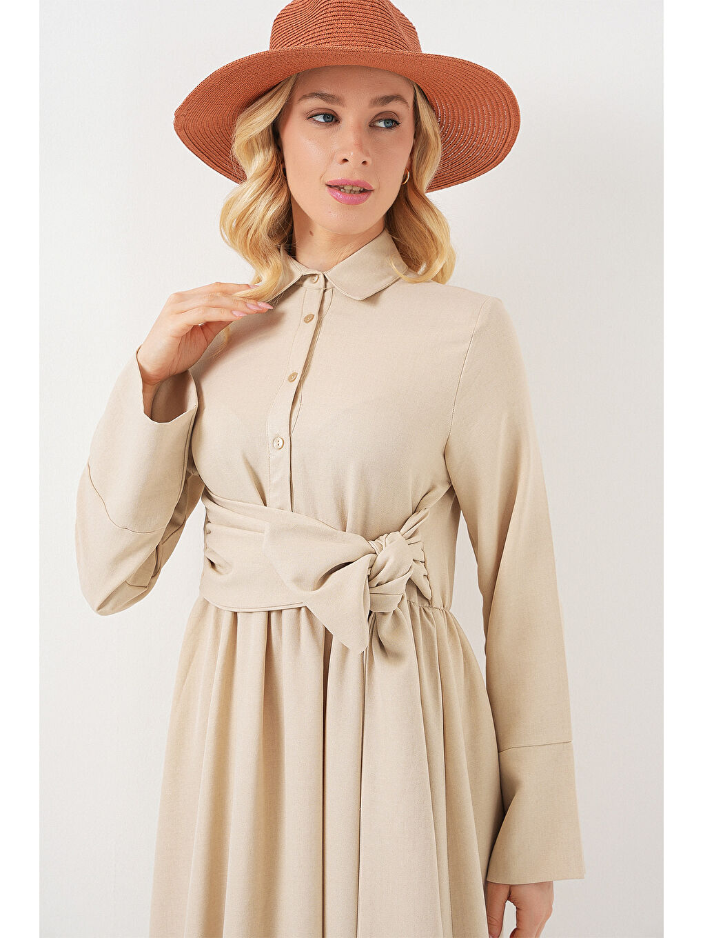 Kadın Önü Bağlamalı Keten Elbise 2574 - Bej-1