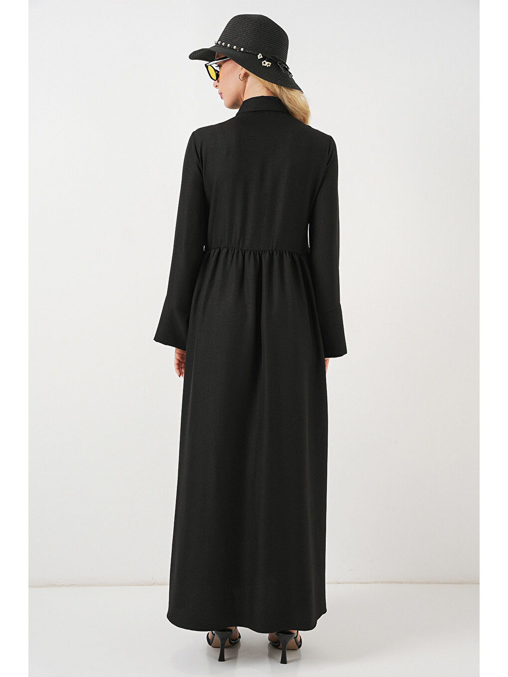 Kadın Önü Bağlamalı Keten Elbise 2574 - Siyah-6