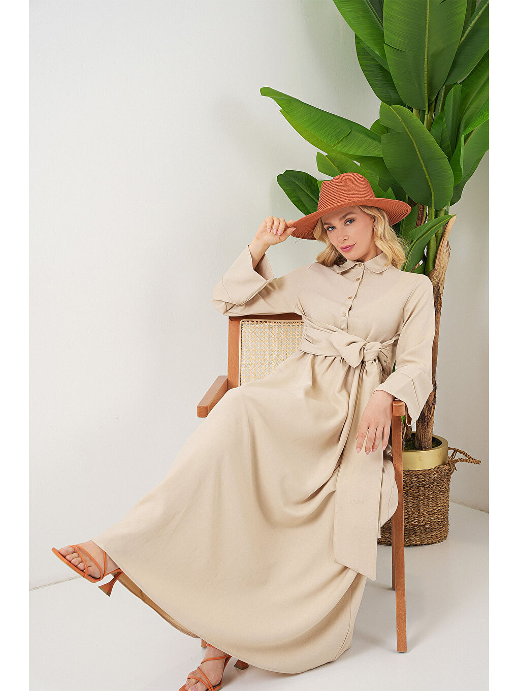 Kadın Önü Bağlamalı Keten Elbise 2574 - Bej-2