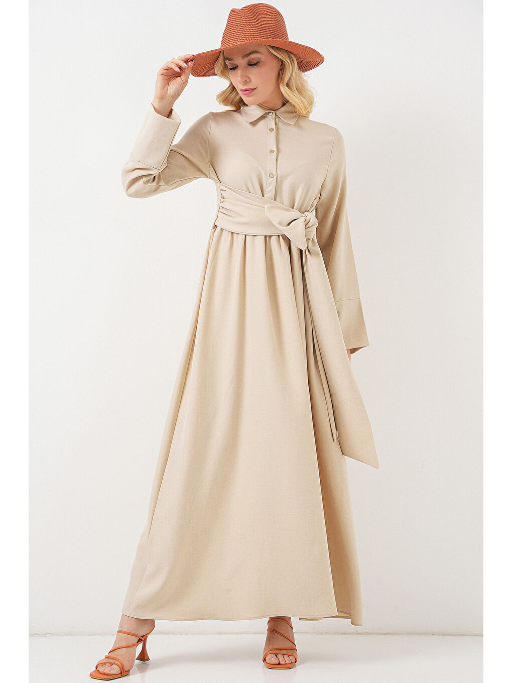 Kadın Önü Bağlamalı Keten Elbise 2574 - Bej-3