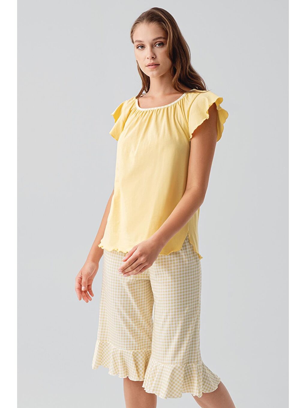 Sarı Kısa Kollu Pötikare Desenli Esnek Pamuklu Pijama Takım 19200-3