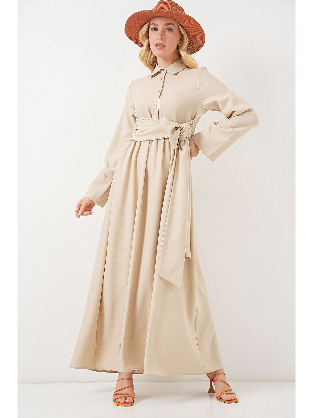 Kadın Önü Bağlamalı Keten Elbise 2574 - Bej-4