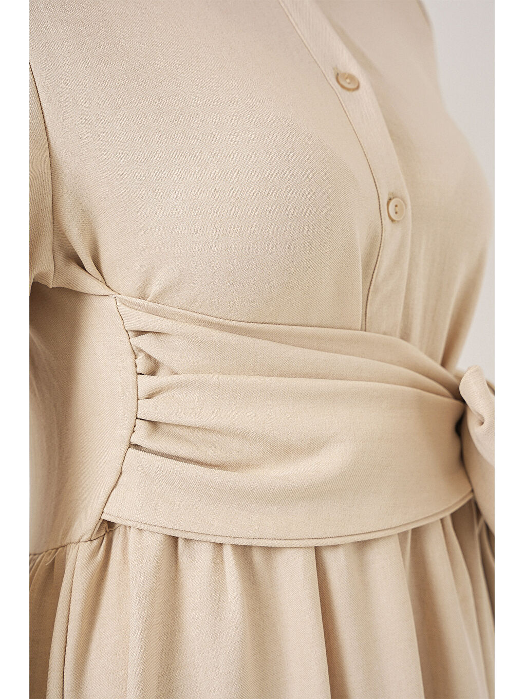 Kadın Önü Bağlamalı Keten Elbise 2574 - Bej-5