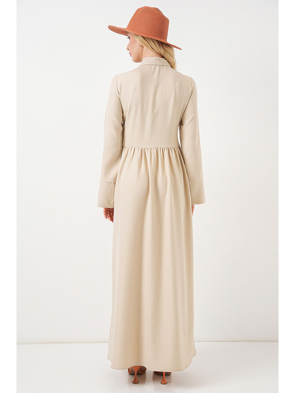 Kadın Önü Bağlamalı Keten Elbise 2574 - Bej-6