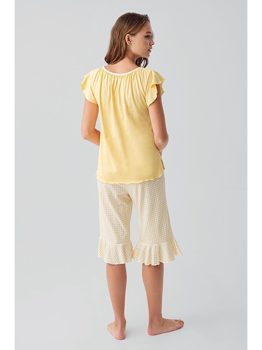 Sarı Kısa Kollu Pötikare Desenli Esnek Pamuklu Pijama Takım 19200-5
