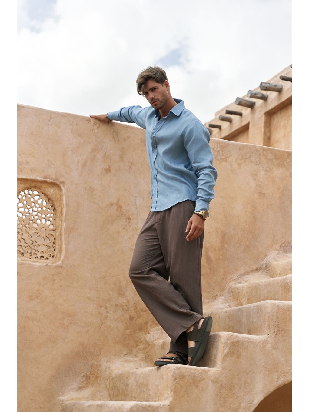 Agnola Oversize Erkek Mavi Keten Gömlek-3