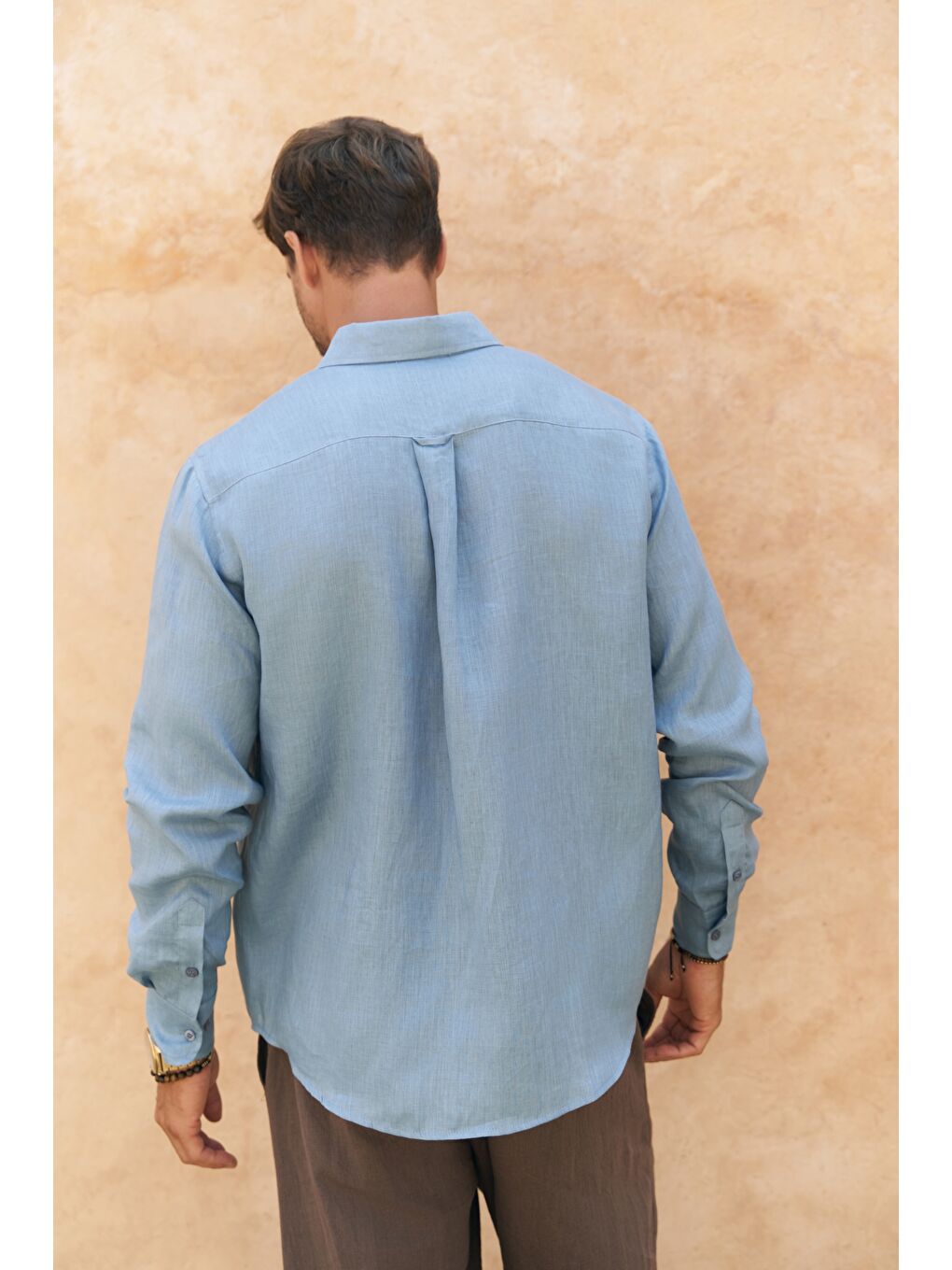 Agnola Oversize Erkek Mavi Keten Gömlek-4