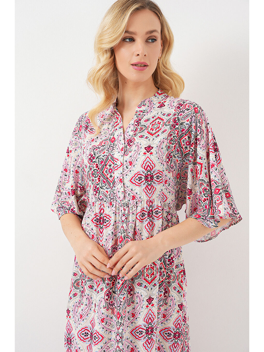 Kadın Desenli Kısa Kol Elbise 2562 - Kırmızı-1