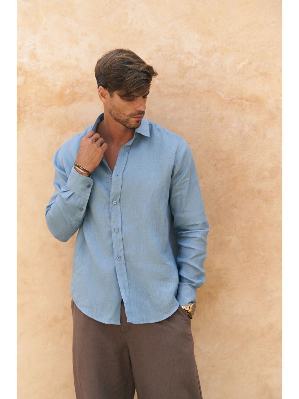 Agnola Oversize Erkek Mavi Keten Gömlek-5
