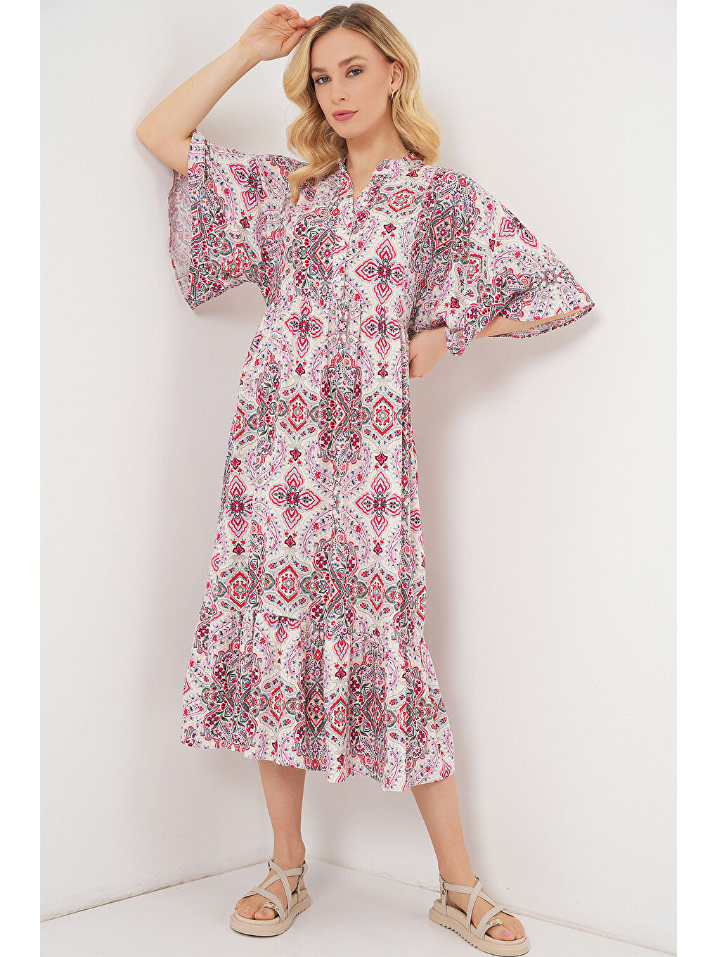 Kadın Desenli Kısa Kol Elbise 2562 - Kırmızı-3