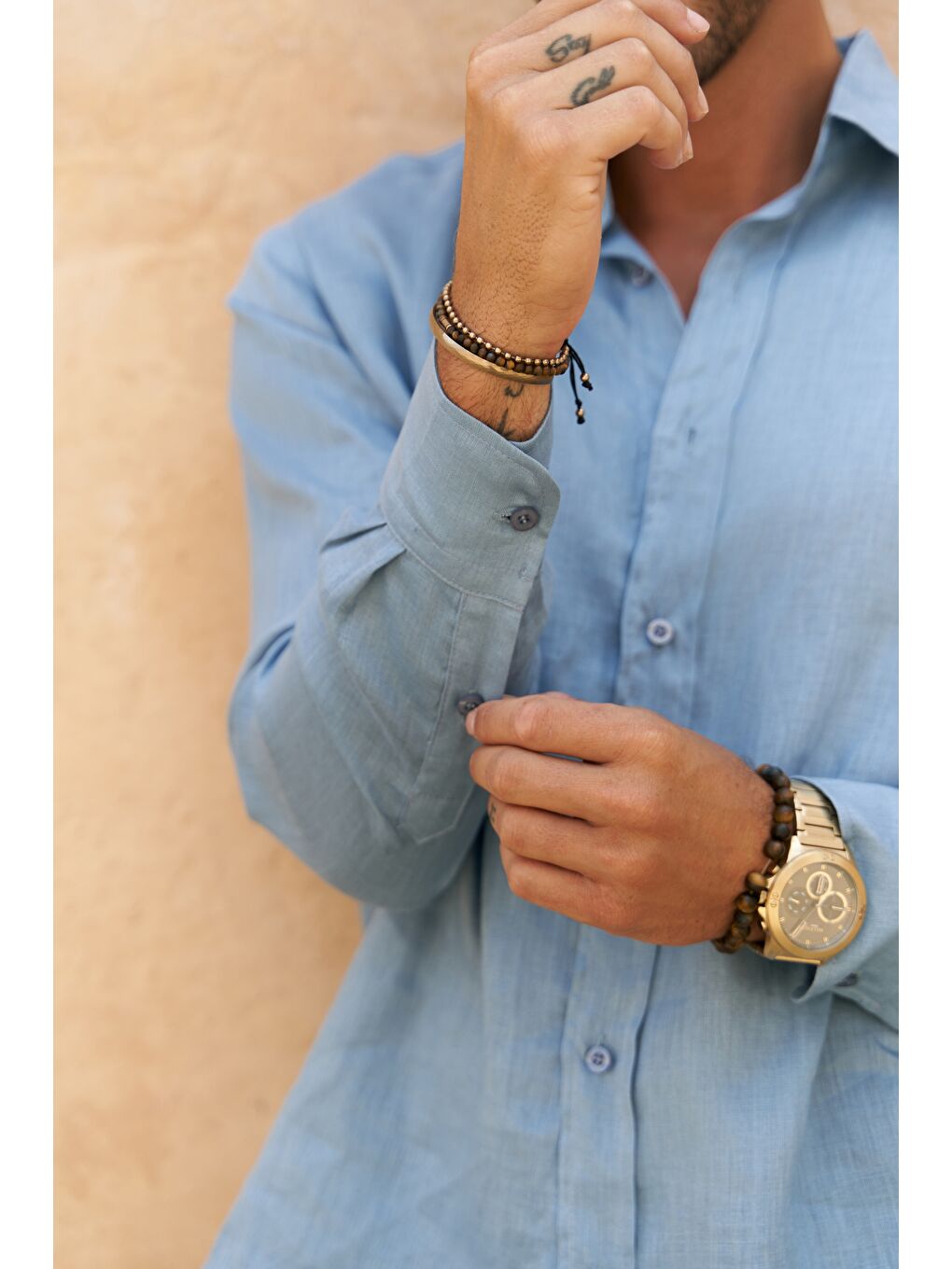 Agnola Oversize Erkek Mavi Keten Gömlek-6