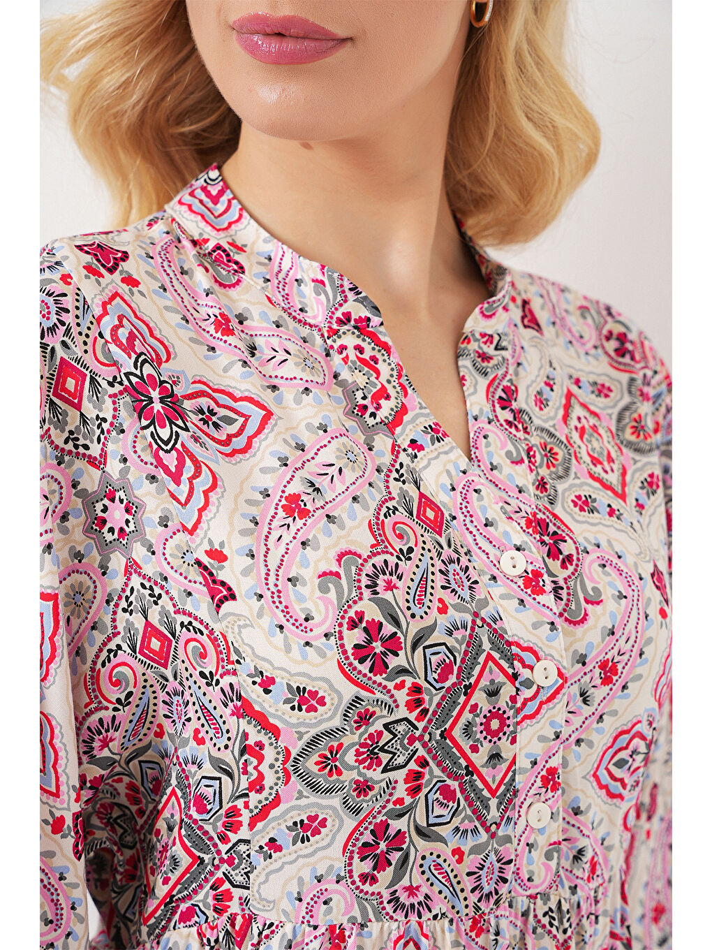 Kadın Desenli Kısa Kol Elbise 2562 - Kırmızı-4