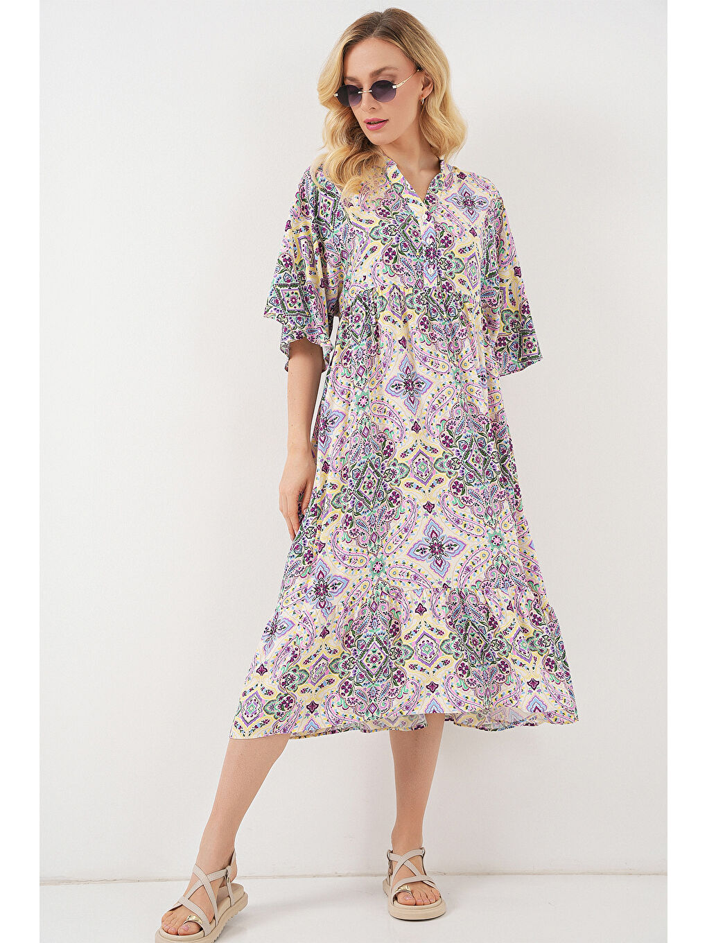 Kadın Desenli Kısa Kol Elbise 2562 - Bordo-1