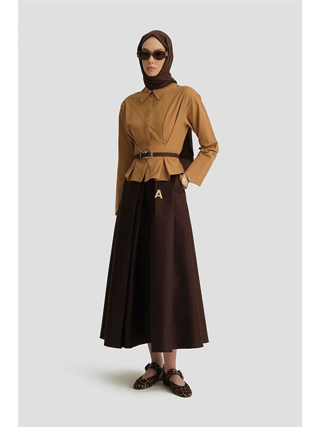Derin Asimetrik Pileli Etek 25Y1807 Kahverengi-1