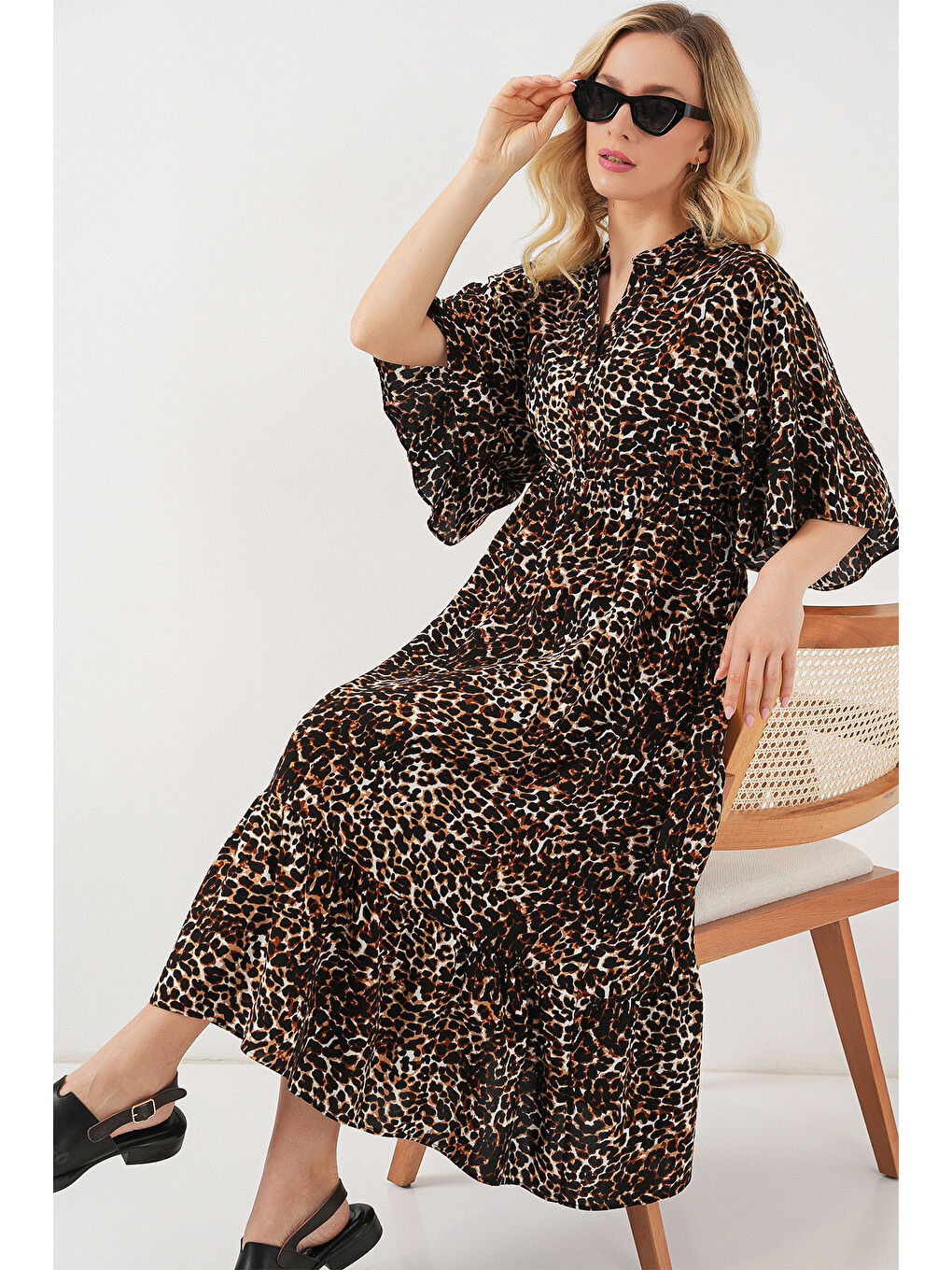 Kadın Desenli Kısa Kol Elbise 2562 - C. Kahverengi