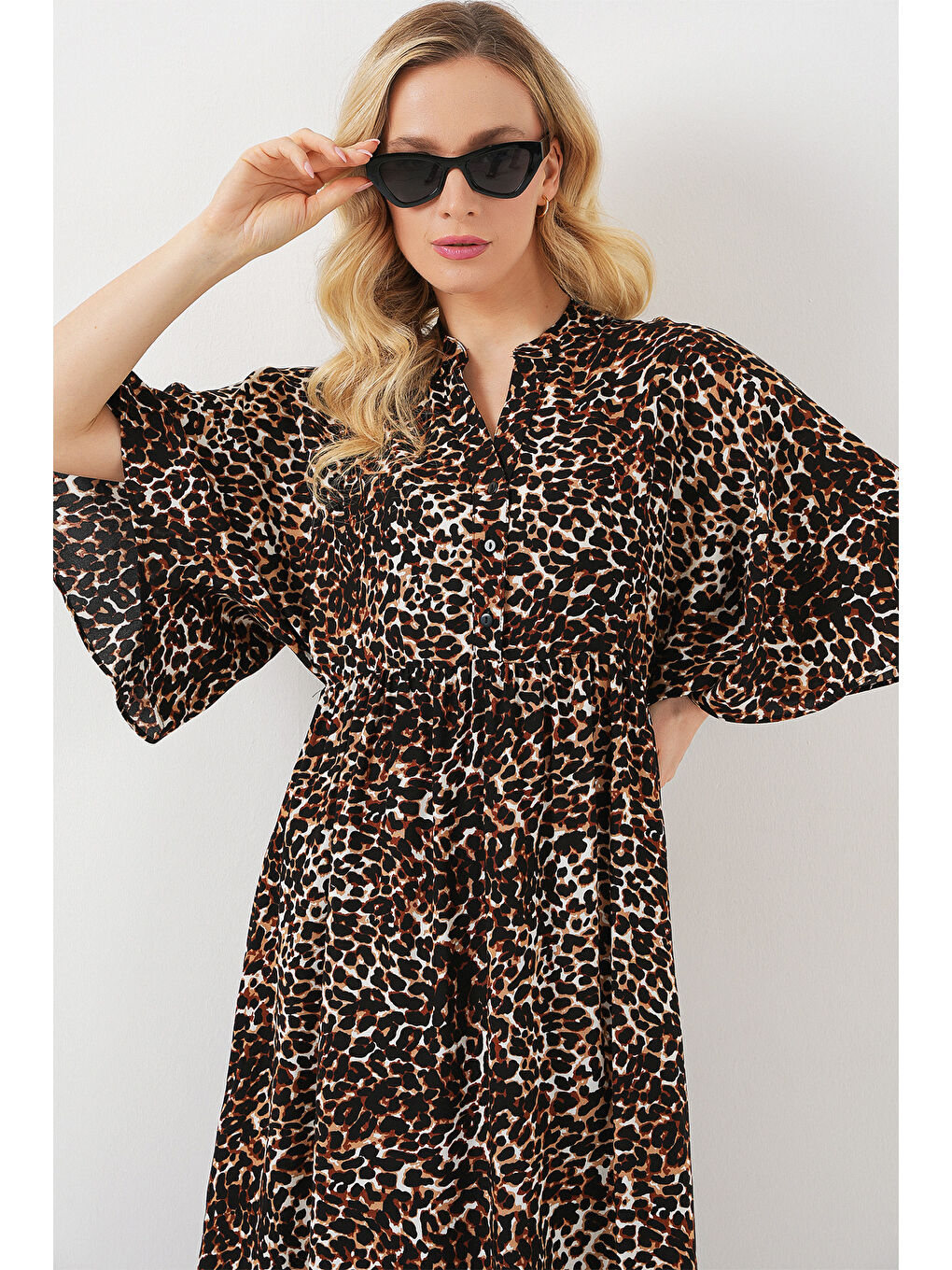 Kadın Desenli Kısa Kol Elbise 2562 - C. Kahverengi-1