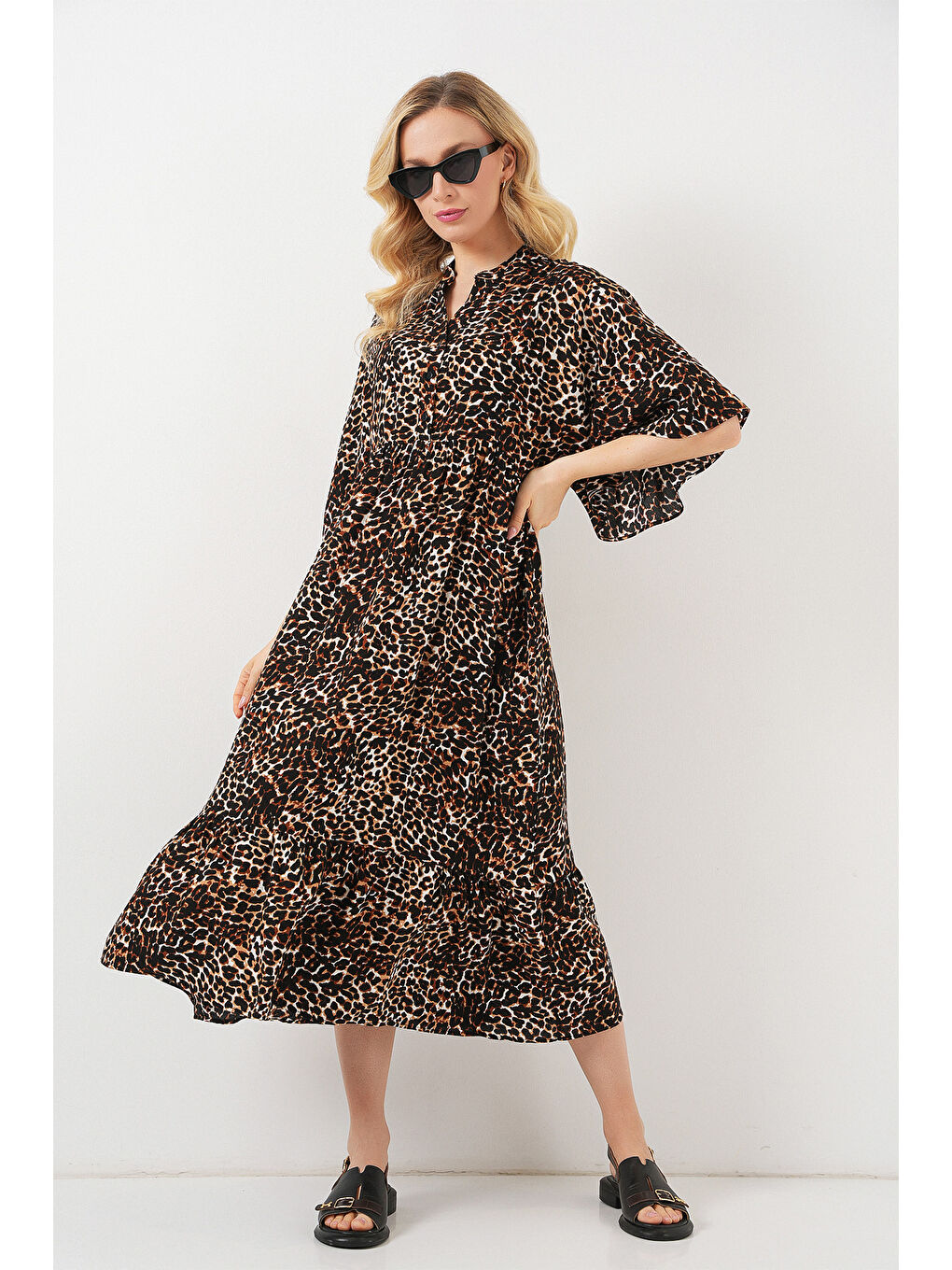 Kadın Desenli Kısa Kol Elbise 2562 - C. Kahverengi-2