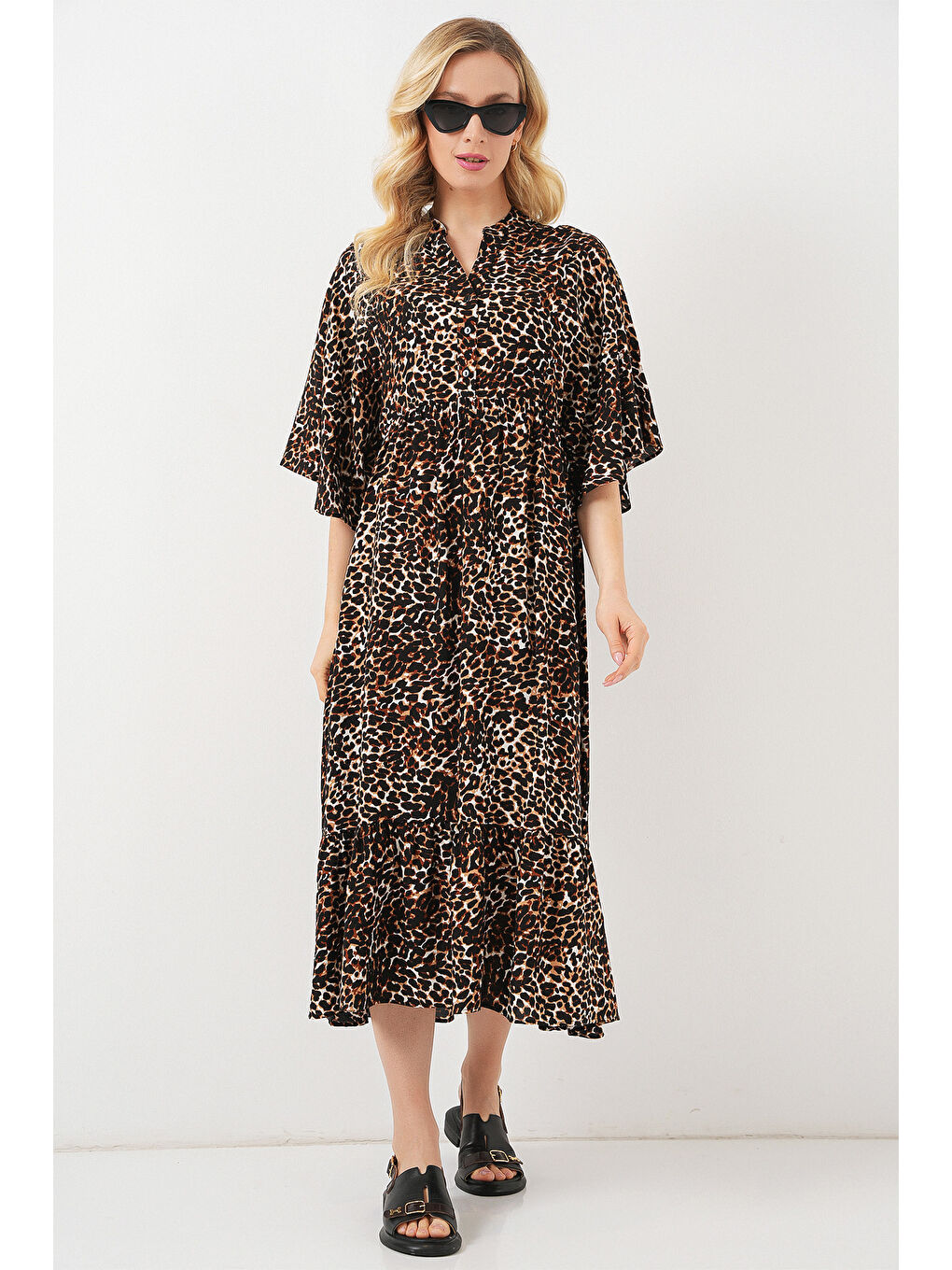 Kadın Desenli Kısa Kol Elbise 2562 - C. Kahverengi-3