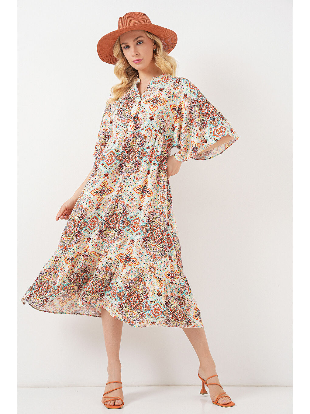 Kadın Desenli Kısa Kol Elbise 2562 - Kahverengi-2