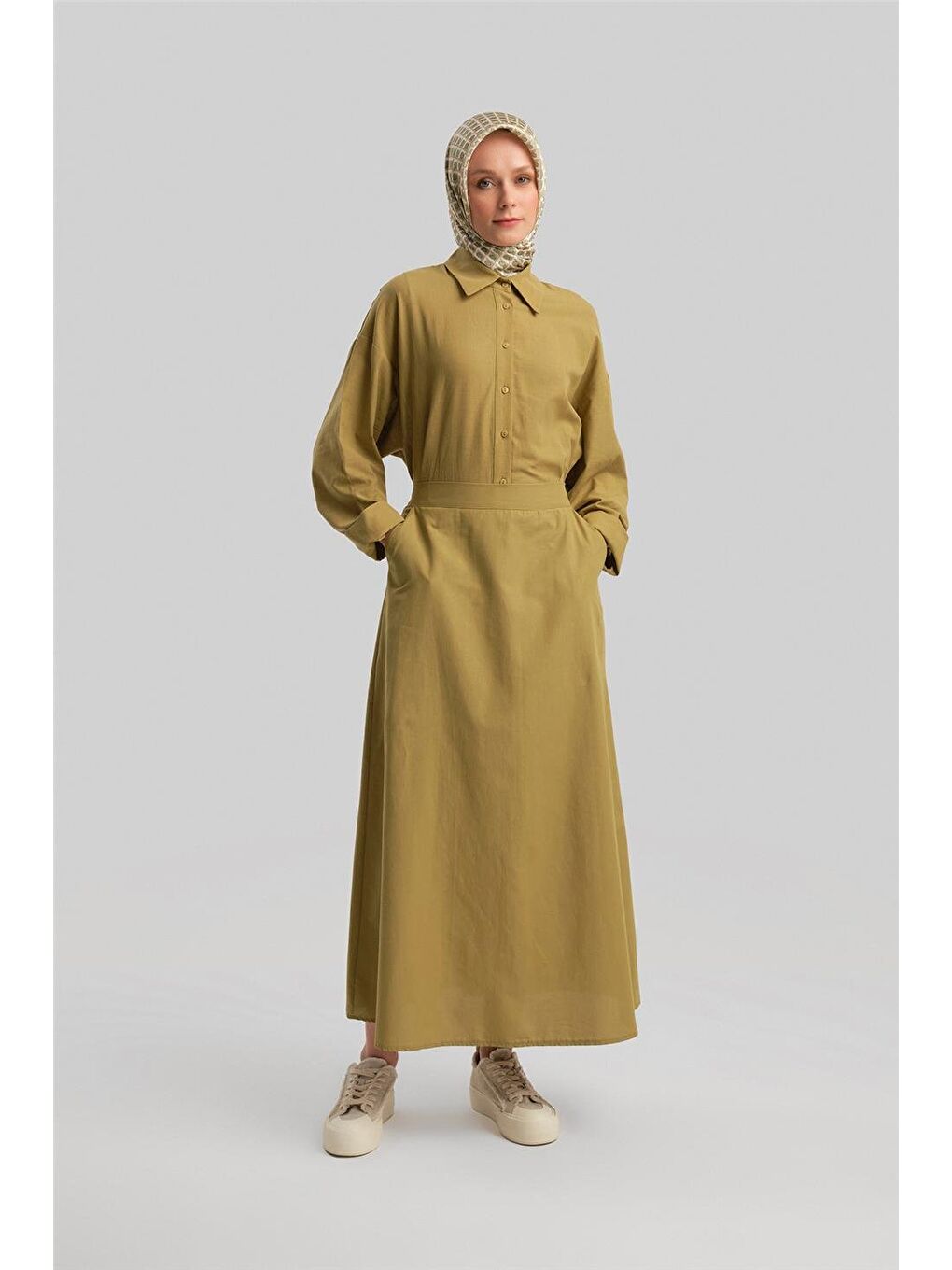 Yeşil Arkası Lastikli Basic Etek 24Y1617 Zeytin-1