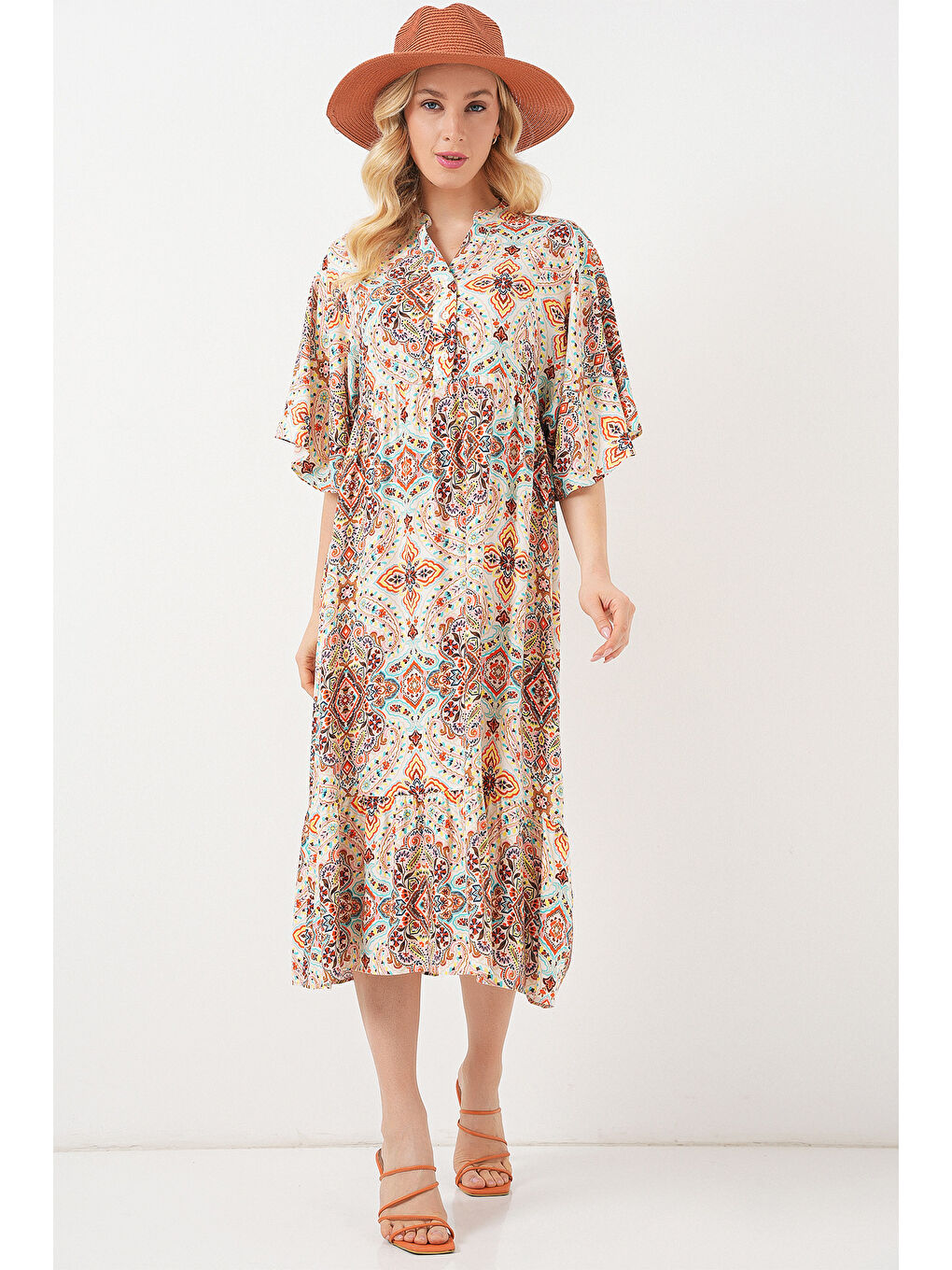 Kadın Desenli Kısa Kol Elbise 2562 - Kahverengi-3