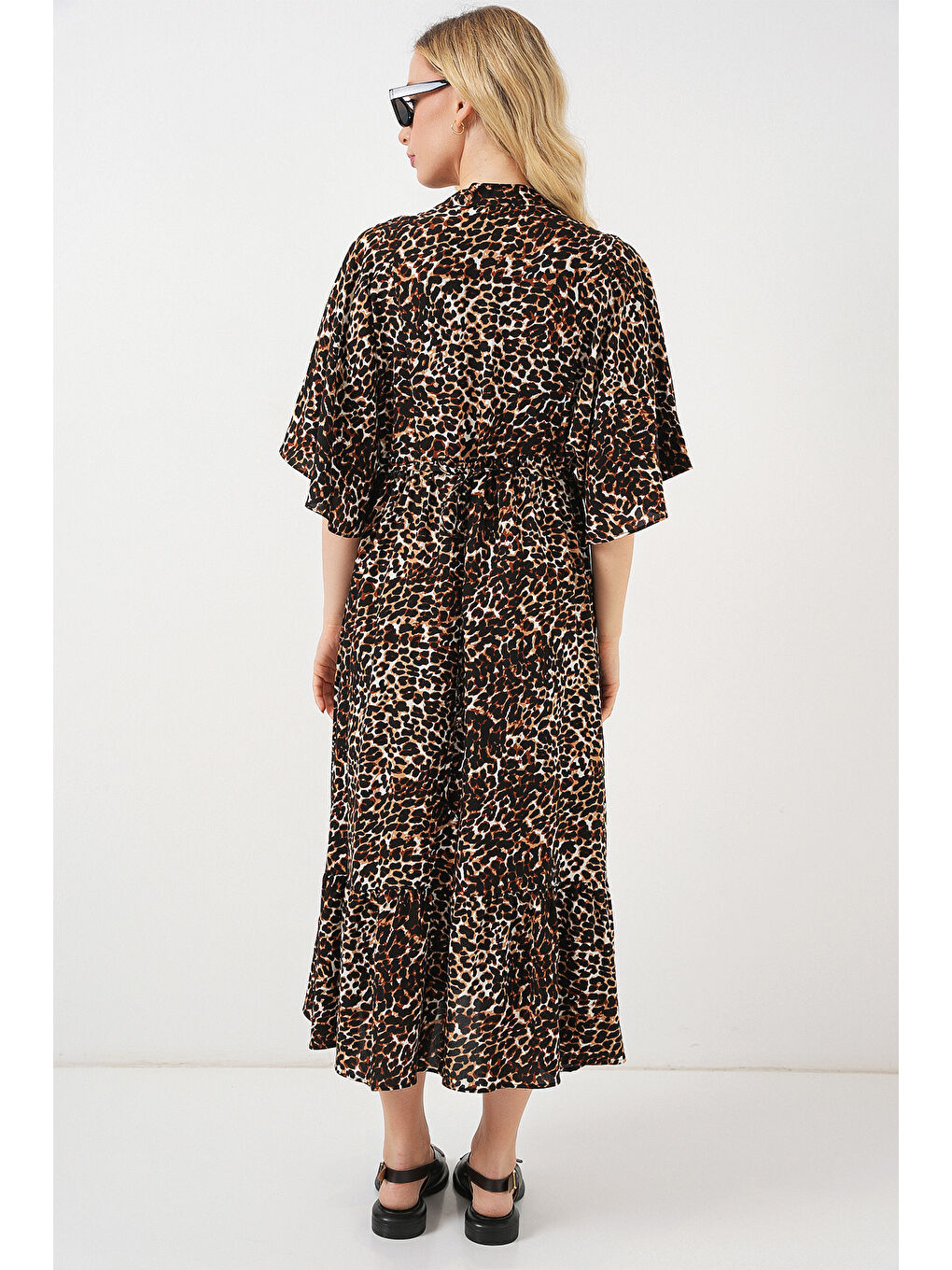 Kadın Desenli Kısa Kol Elbise 2562 - C. Kahverengi-6