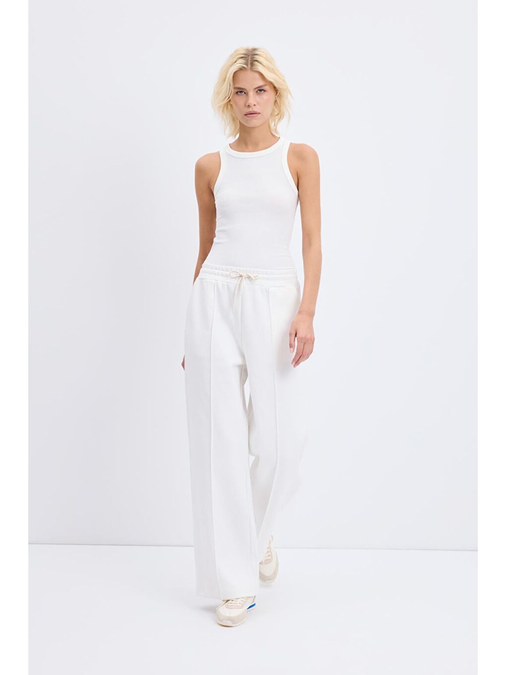 Yüksek Bel Nervür Dikiş Detaylı Pantolon Ekru-2