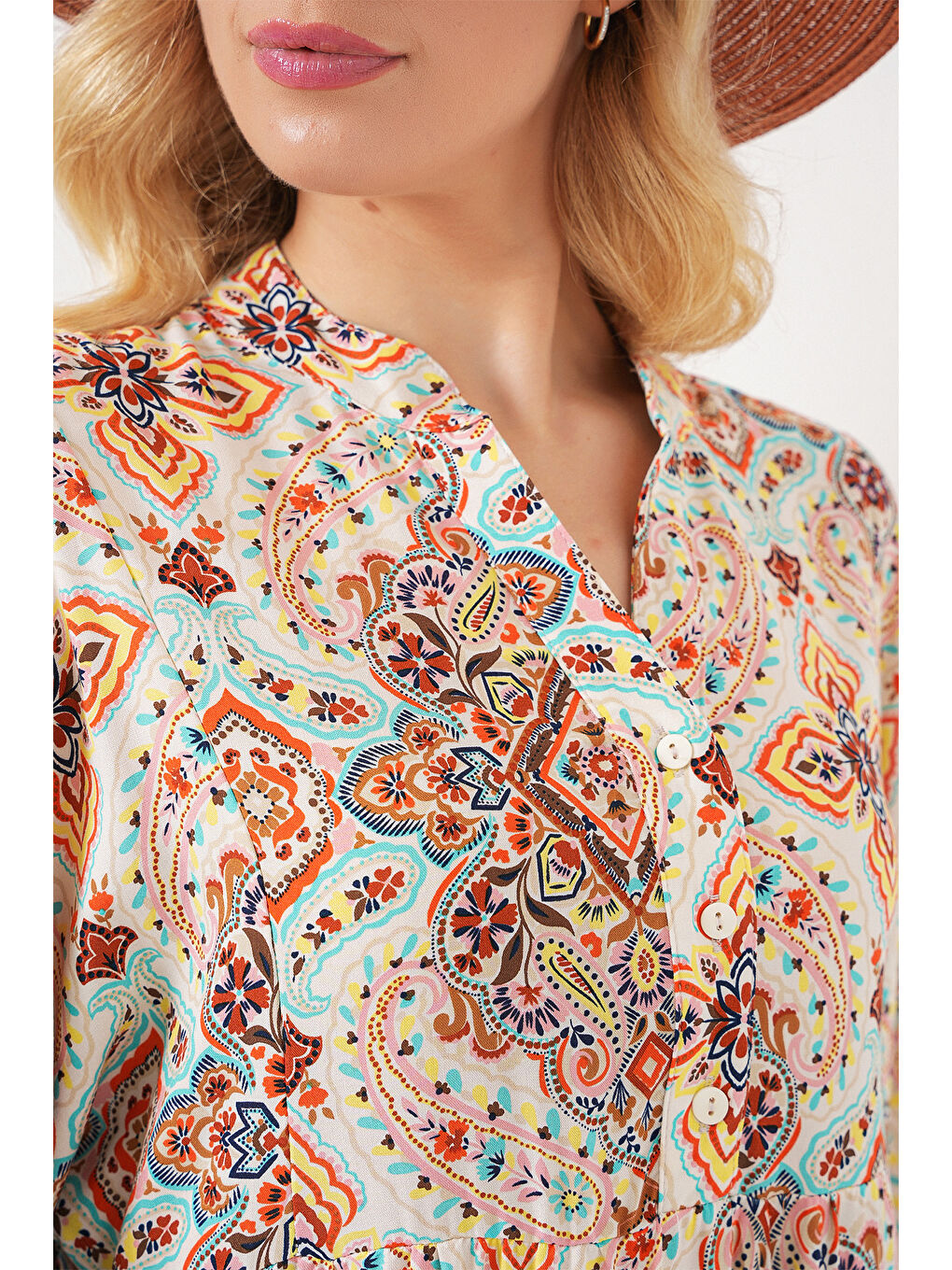 Kadın Desenli Kısa Kol Elbise 2562 - Kahverengi-4