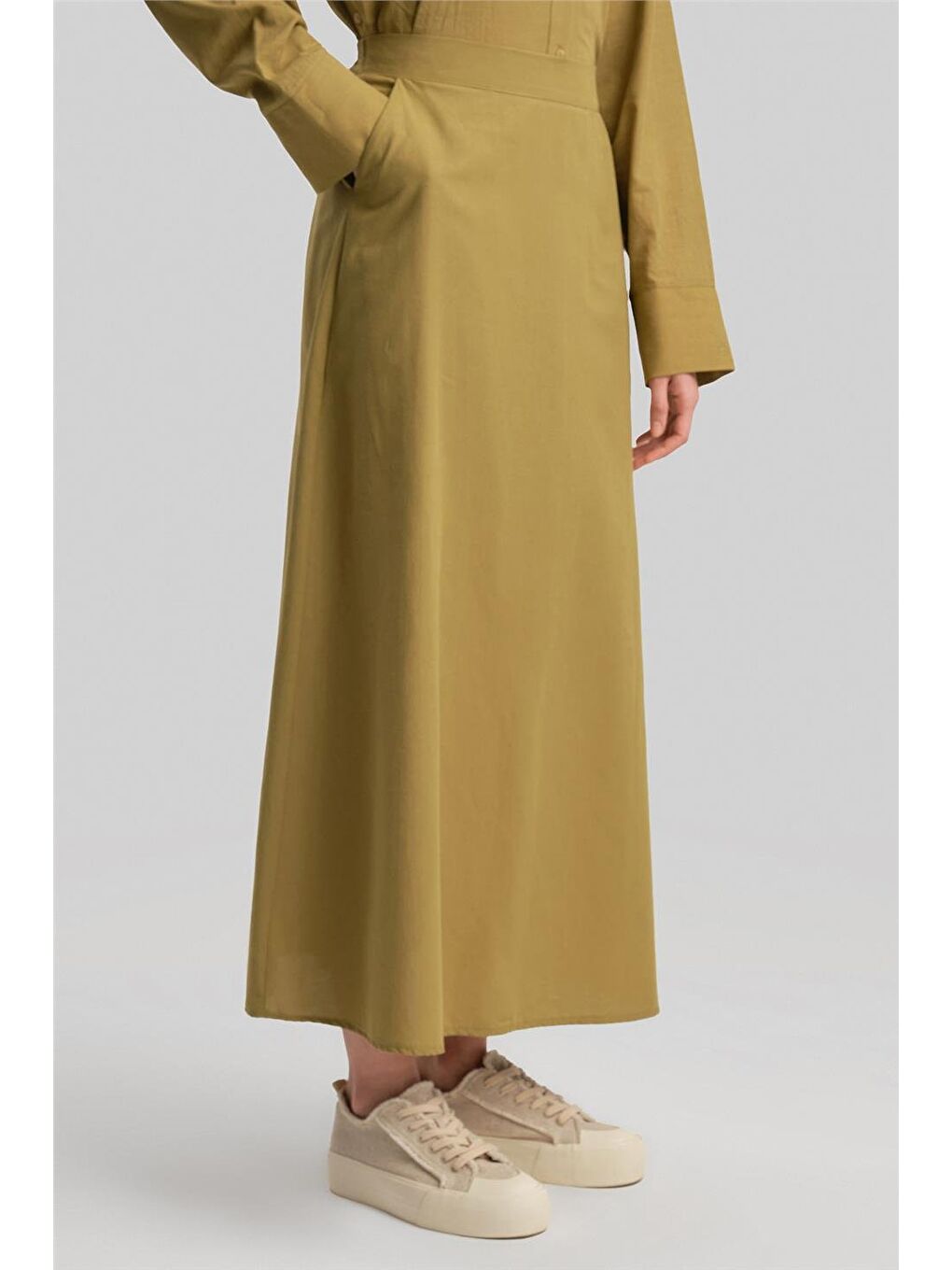 Yeşil Arkası Lastikli Basic Etek 24Y1617 Zeytin-4