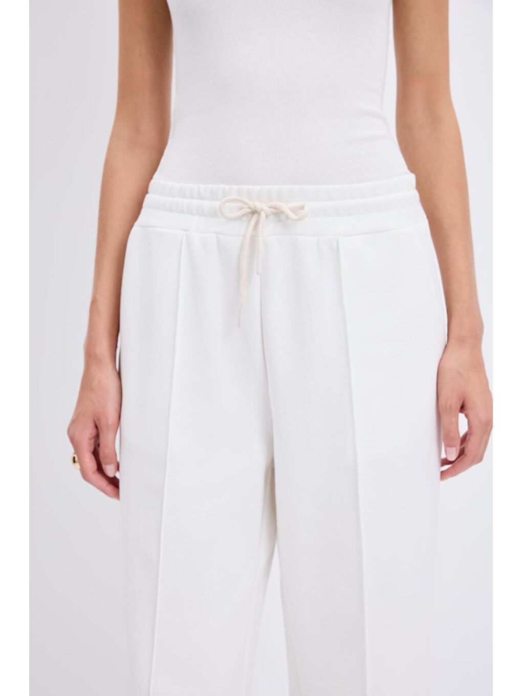 Yüksek Bel Nervür Dikiş Detaylı Pantolon Ekru-3