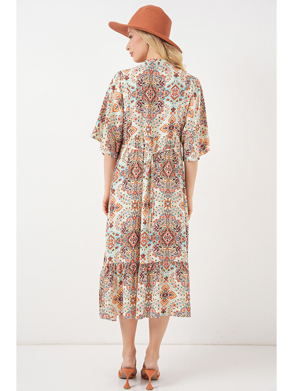 Kadın Desenli Kısa Kol Elbise 2562 - Kahverengi-6