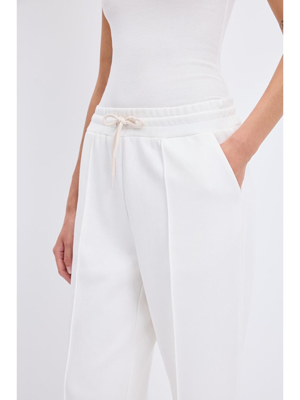 Yüksek Bel Nervür Dikiş Detaylı Pantolon Ekru-5
