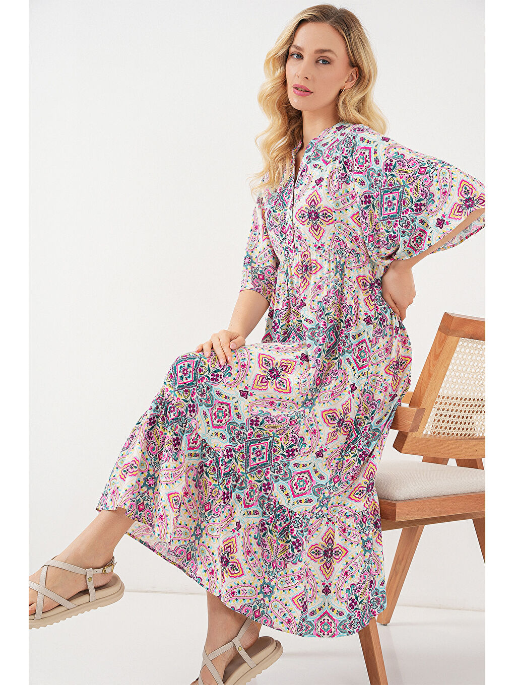 Kadın Desenli Kısa Kol Elbise 2562 - Fuşya