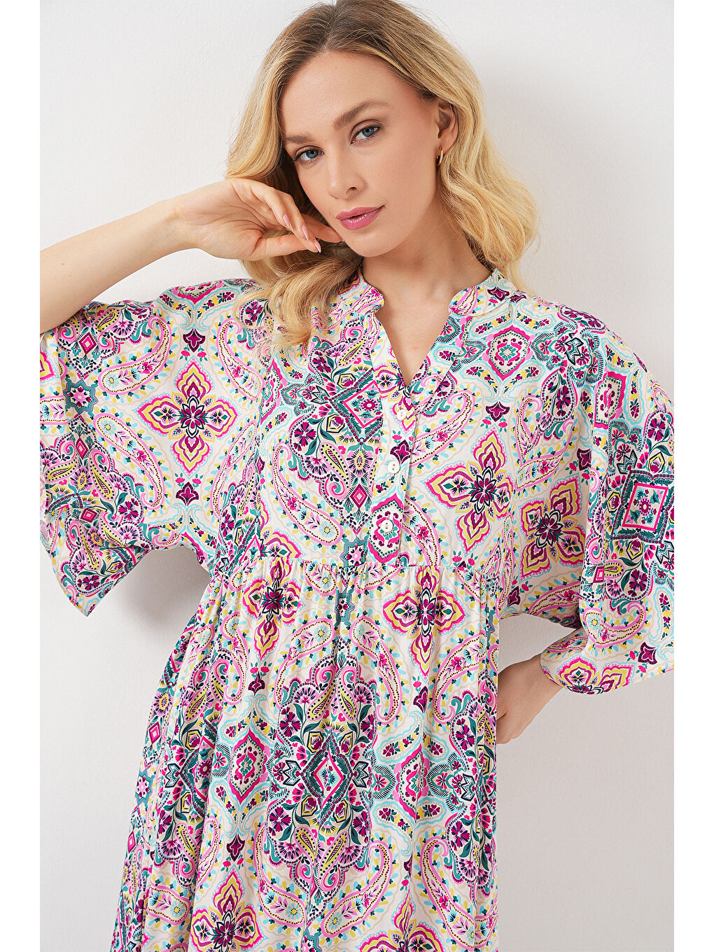 Kadın Desenli Kısa Kol Elbise 2562 - Fuşya-1