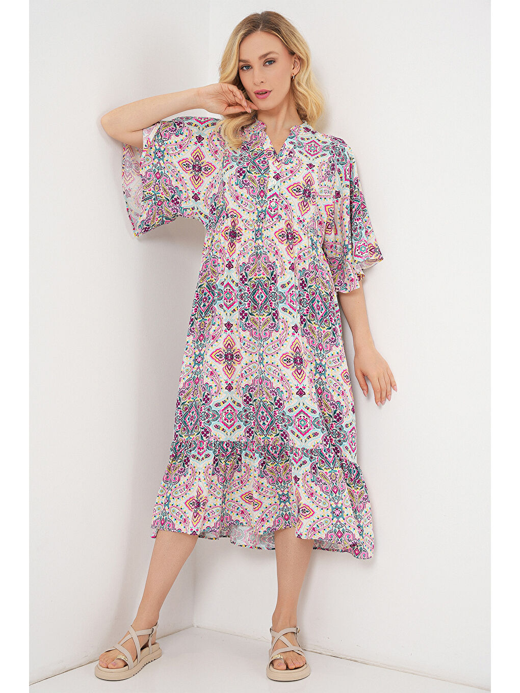 Kadın Desenli Kısa Kol Elbise 2562 - Fuşya-2