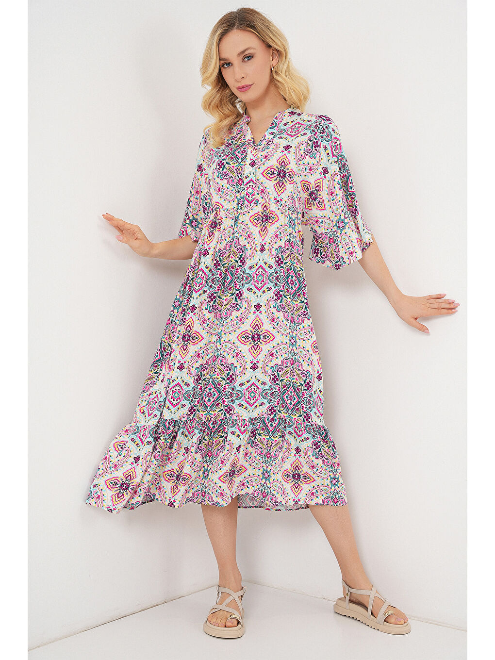 Kadın Desenli Kısa Kol Elbise 2562 - Fuşya-3