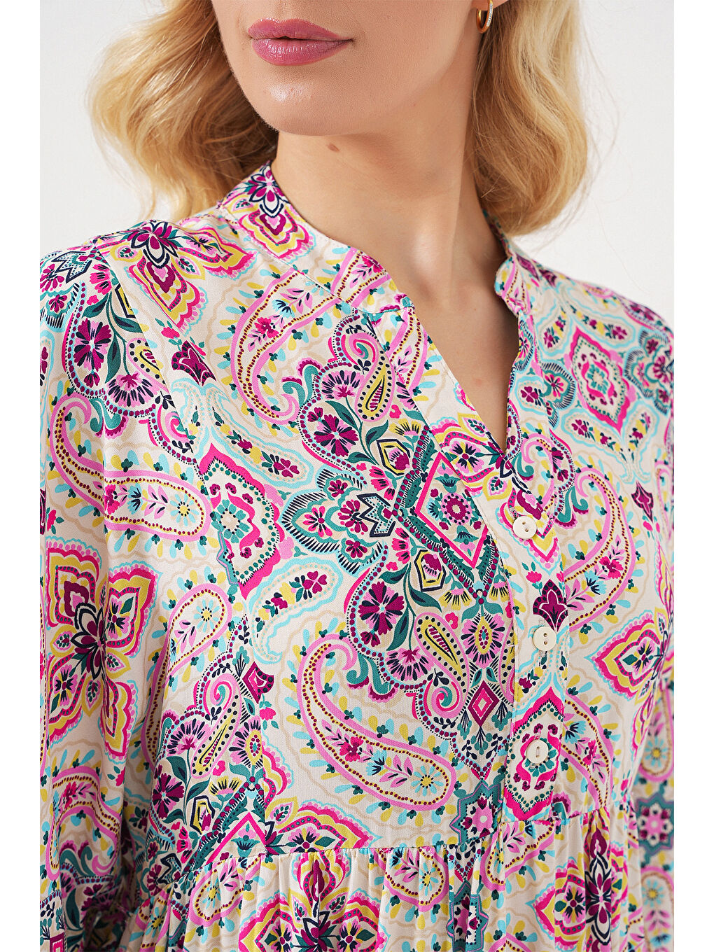 Kadın Desenli Kısa Kol Elbise 2562 - Fuşya-4