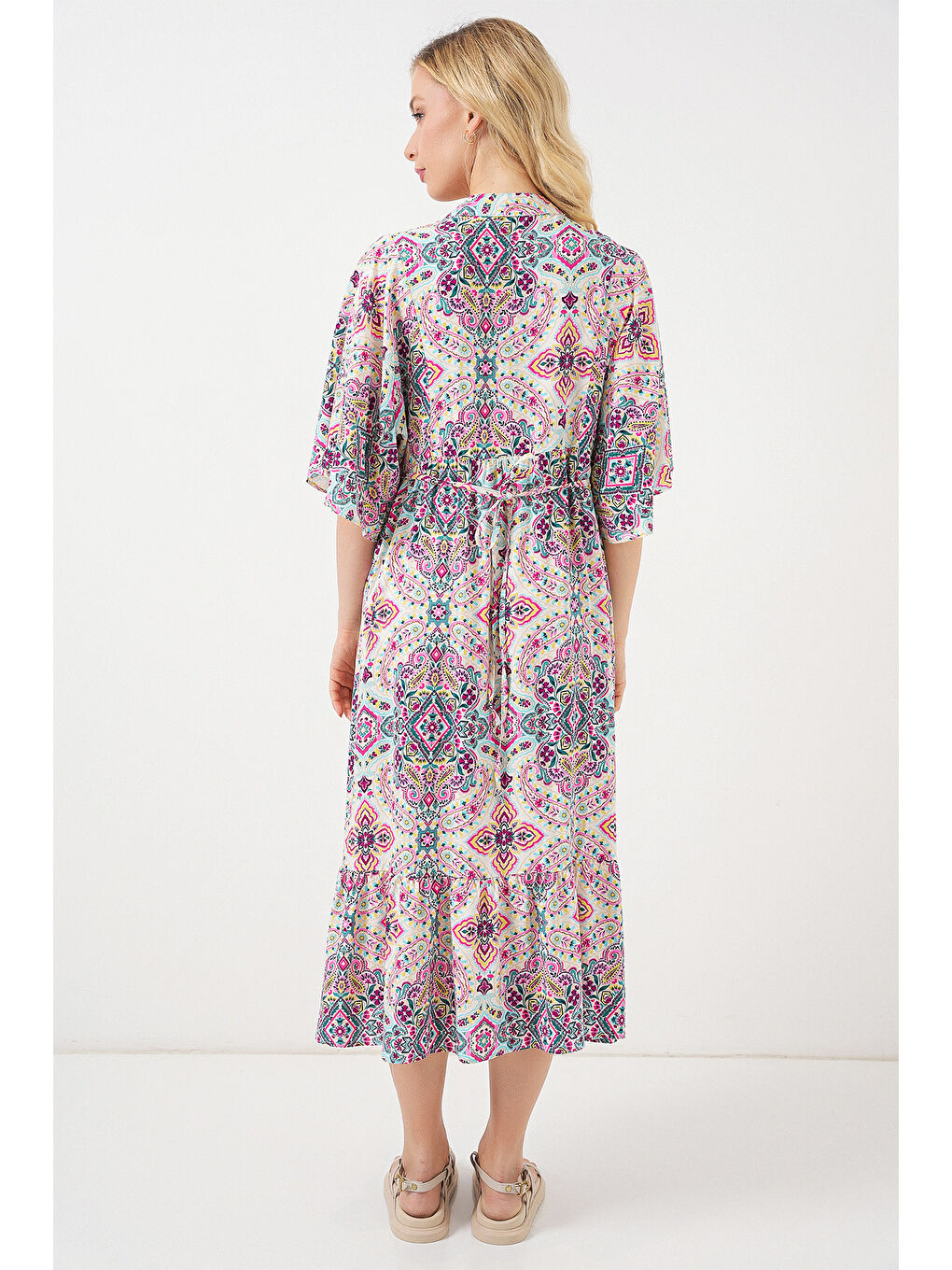 Kadın Desenli Kısa Kol Elbise 2562 - Fuşya-6